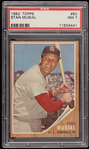 1962 Stan Musial St. Louis Cardinals Topps #50 Trading Card (PSA NM 7)