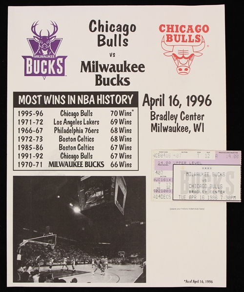 1996 Chicago Bulls vs. Milwaukee Bucks Bradley Center Ticket Stub w/ Certificate 