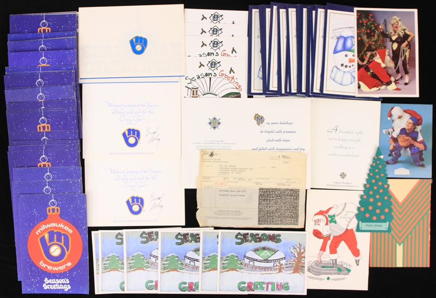 1980s-90s Milwaukee Brewers Christmas Card Collection - Lot of 100 w/ One Signed by Bud Selig