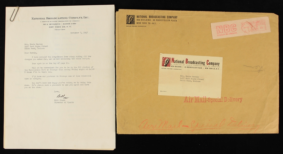 1947 Mrs. Knute Rockne Correspondence & Script from National Broadcasting Company w/ Original Mailing Envelope