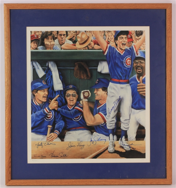 1985 Chicago Cubs Ryne Sandberg, Jim Frey, Jody Davis & more Signed 15x17 Framed Print (JSA)