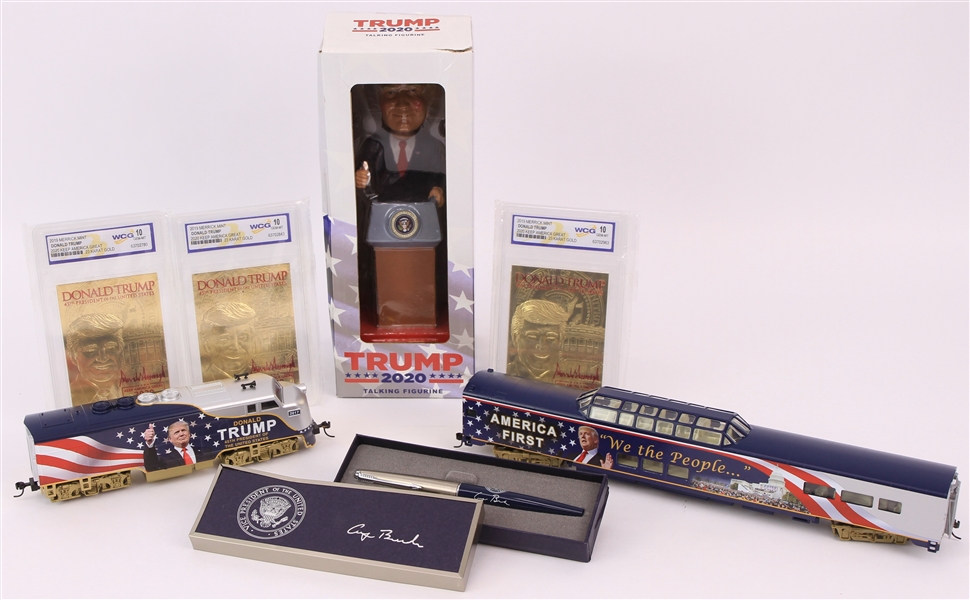 2000-20 Donald Trump & George Bush Presidential Memorabilia Collection - Lot of 7 w/ Merrick Mint Slabbed Cards, Model Train Cars & More