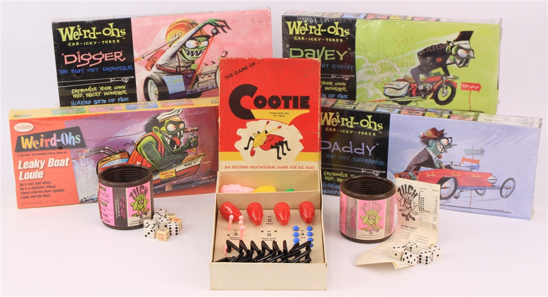 1950s-2000s Vintage Games & MIB Model Cars - Lot of 6 w/ The Game of Cootie, Weird-Ohs Car-Icky-Tures & More