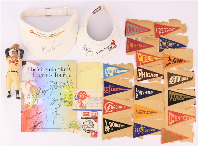 1930s-90s Sports Memorabilia Collection - Lot of 37 w/ Warren Spahn Hartland Figure, 4" Mini Pennants, Autographs & More