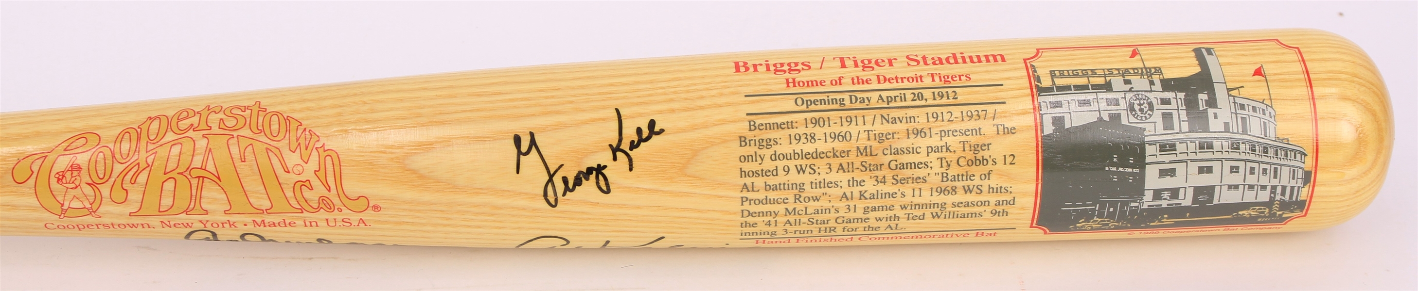 1989 Hal Newhouser Al Kaline George Kell Detroit Tigers Signed Cooperstown Collection Briggs/Tigers Stadium Bat (JSA)
