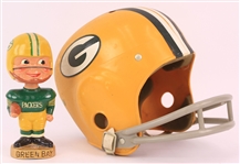 1960s-70s Green Bay Packers Memorabilia - Lot of 2 w/ 7" Sports Specialties Gold Base Nodder & Rawlings Youth Helmet