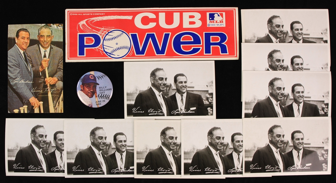 1960s Chicago Cubs Memorabilia - Lot of 12 w/ Cub Power Bumper Sticker, Billy Williams Day Pinback and Lou Boudreau/Vince Lloyd Postcards