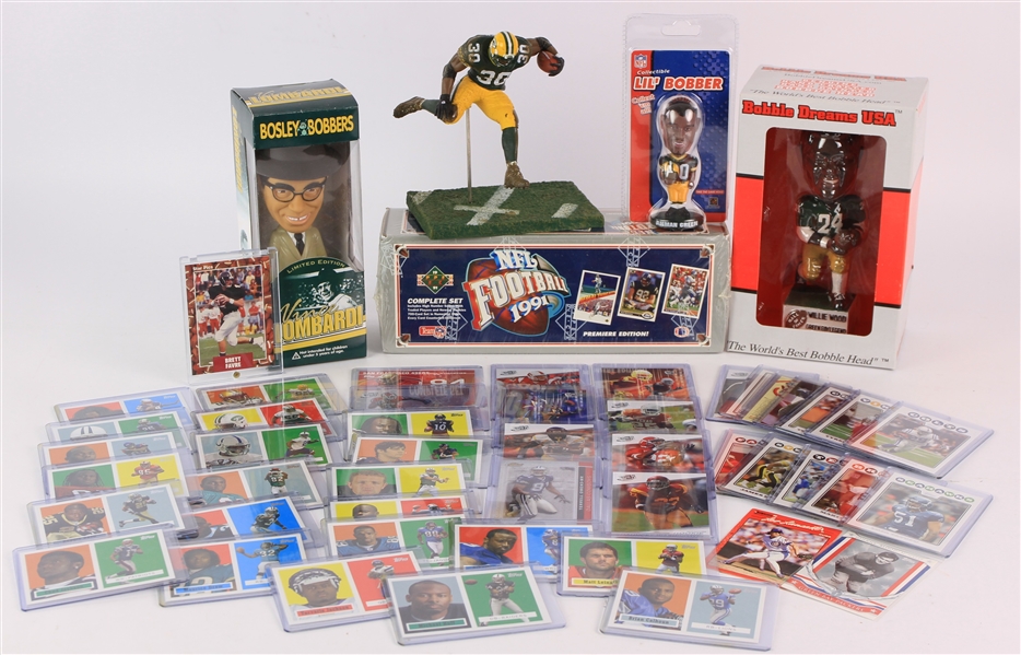 1990s-2000s Football Trading Card & Bobble Collection - Lot of 50 w/ Brett Favre signed Star Pics Rookie Card, 1991 Upper Deck Factory Set, MIB Vince Lombardi Bobble & More