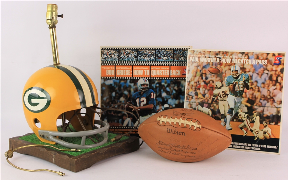 1970s Football Memorabilia Collection - Lot of 4 w/ Packer Helmet Lamp, Team Stamped Football & Miami Dolphins Record Albums