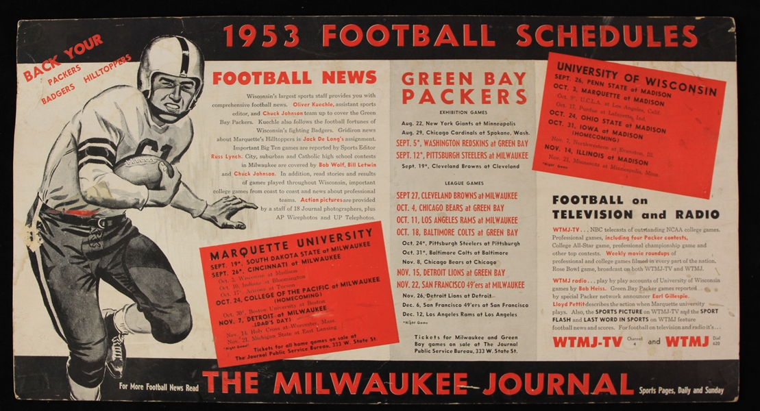 1953 Milwaukee Journal Green Bay Packers Wisconsin Badgers Marquette Hilltoppers 11" x 21" Schedule Broadside