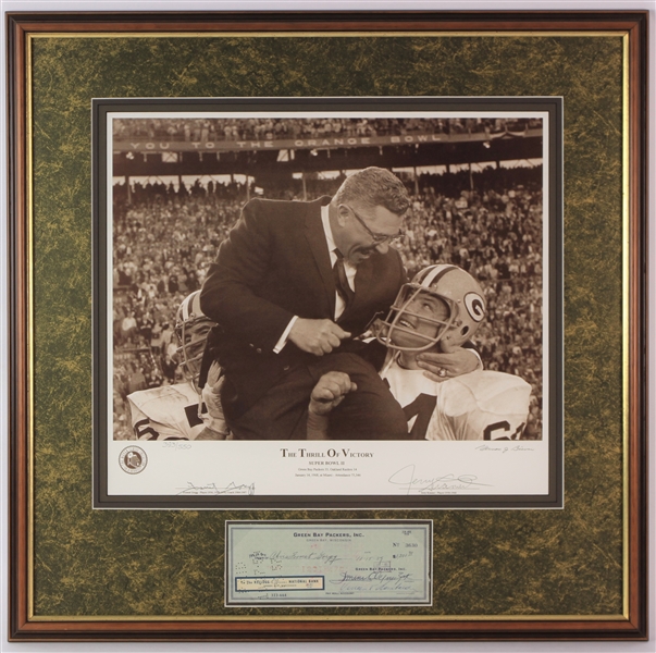 1996 Vince Lombardi Jerry Kramer Forrest Gregg Vernon Biever Green Bay Packers Signed 27" x 27" Framed The Thrill of Victory Super Bowl II Display (JSA) 393/550