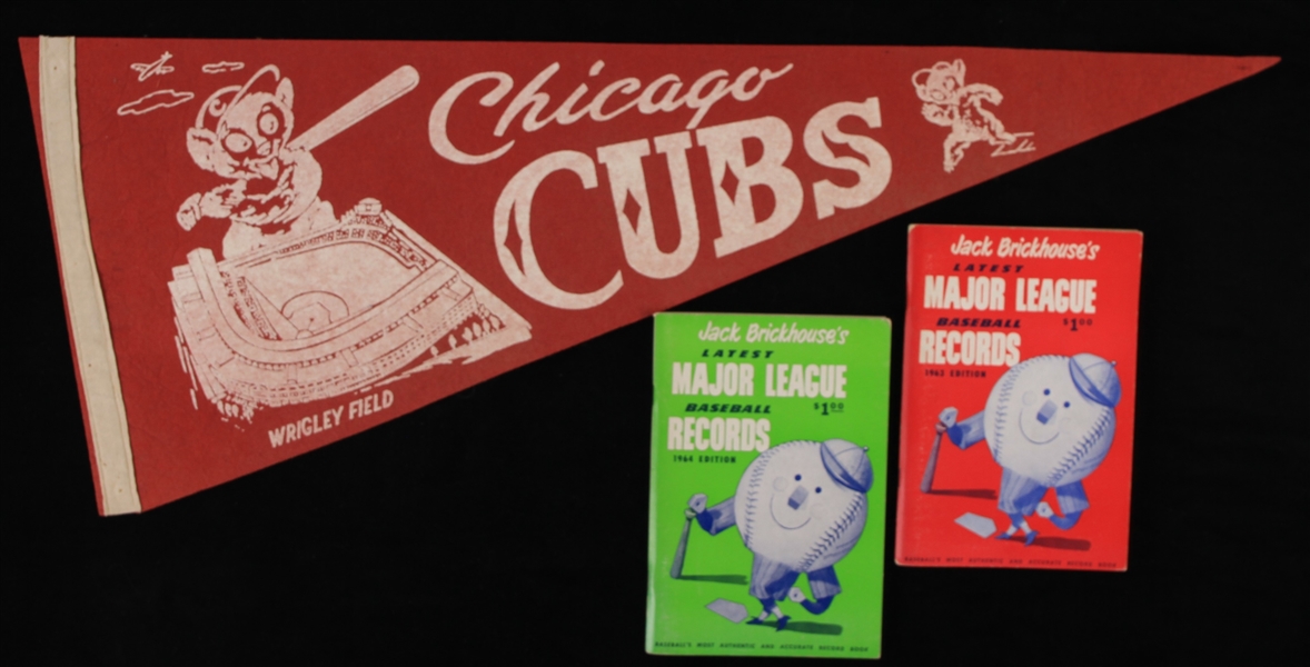 1960s Chicago Cubs Memorabilia - Lot of 3 w/ 29" Full Size Wrigley Field Pennant & Jack Brickhouse Record Books