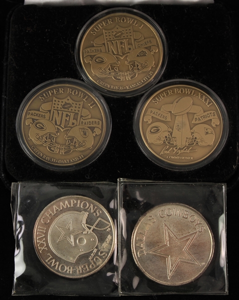 1990s Green Bay Packers Dallas Cowboys Super Bowl Champions Commemorative Coins - Lot of 5