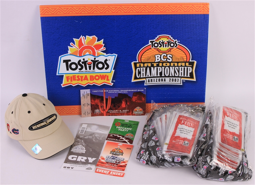 2007 Fiesta Bowl BCS National Championship Game Memorabilia Collection - Lot of 8 w/ Ticket, Broadside, Lanyard & Passes