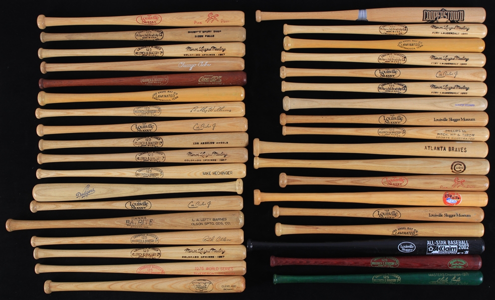 1950s-90s Louisville Slugger Mini Bat Collection - Lot of 36 w/ World Series, Rich Allen, Cal Ripken Jr., Pink Pony & More