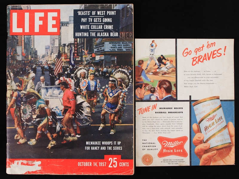 1957 Milwaukee Braves Memorabilia - Lot of 3 w/ Life Magazine, Miller High Life Advertisement & George Crowe Signed Photo (JSA)