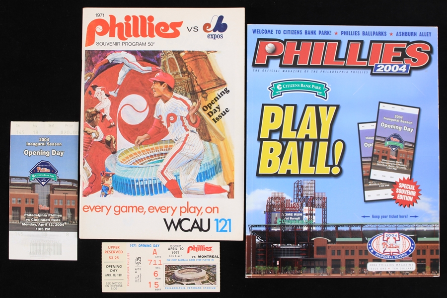 1971-2004 Philadelphia Phillies Veterans Stadium & Citizens Bank Park Opening Day Tickets & Programs - Lot of 4