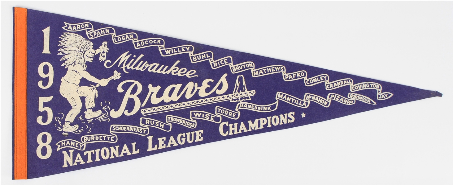 1950s-2000s Milwaukee Braves Memorabilia Collection - Lot of 3 w/ 1958 NL Champs Full Size Pennant, Eddie Mathews Hartland & Warren Spahn Statue