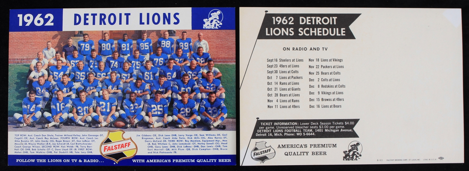 1962 Detroit Lions 6.25" x 9" Falstaff Team Photos - Lot of 2