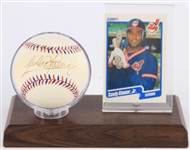 1990-97 Sandy Alomar Jr. Cleveland Indians Display w/ 1990 Fleer Card & Signed 1997 World Series Baseball (JSA)