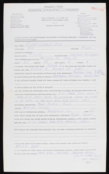 1971 Rick Wise Philadelphia Phillies William J. Weiss Questionnaire