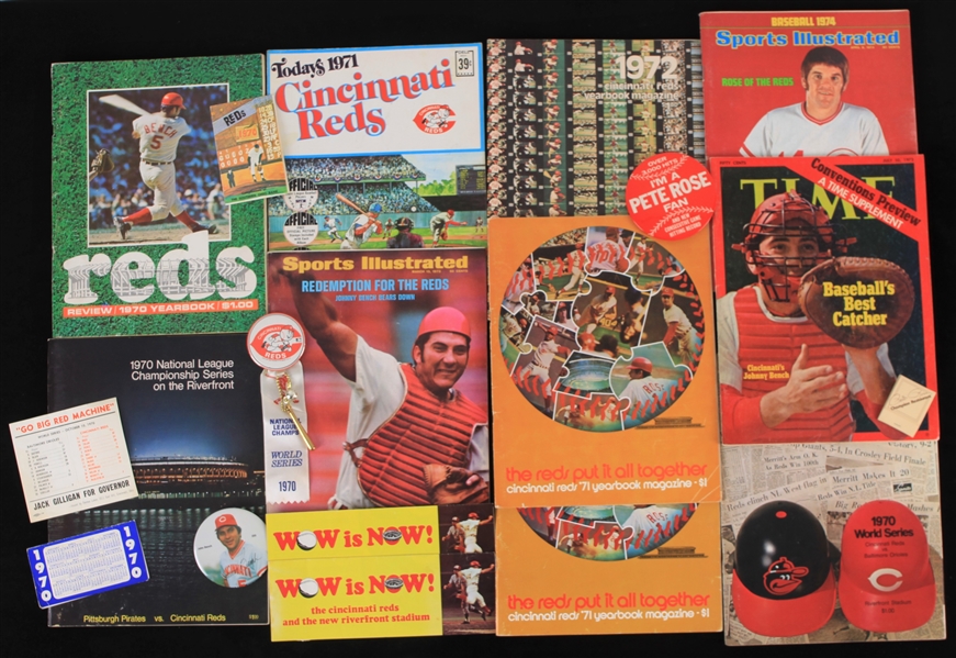 1960s-70s Cincinnati Reds Memorabilia Collection - Lot of 26 w/ Publications, Pinback Buttons & More