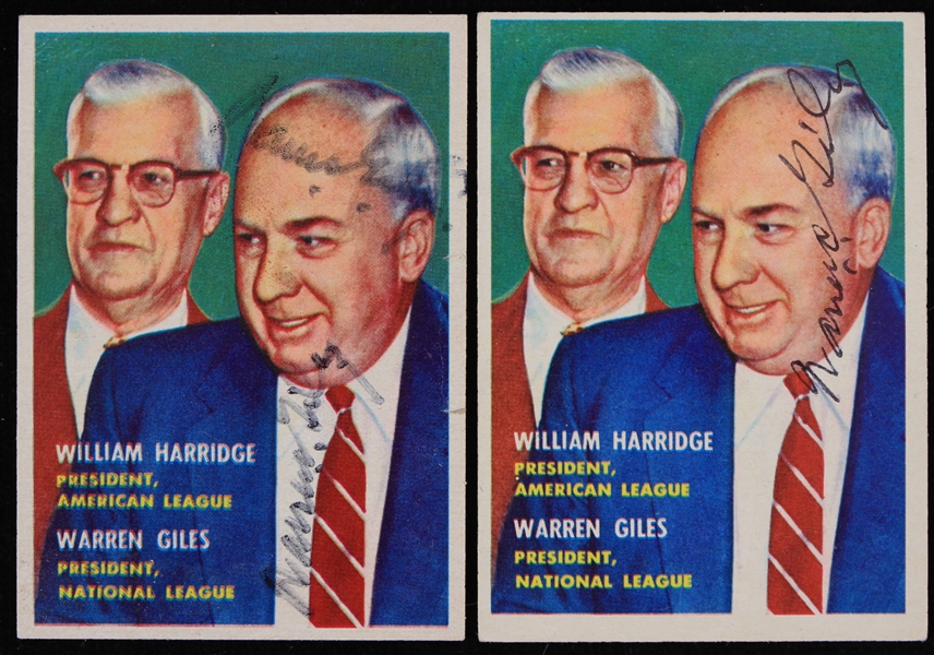 1957 Warren Giles NL President Signed Topps Baseball Trading Cards - Lot of 2 (JSA)