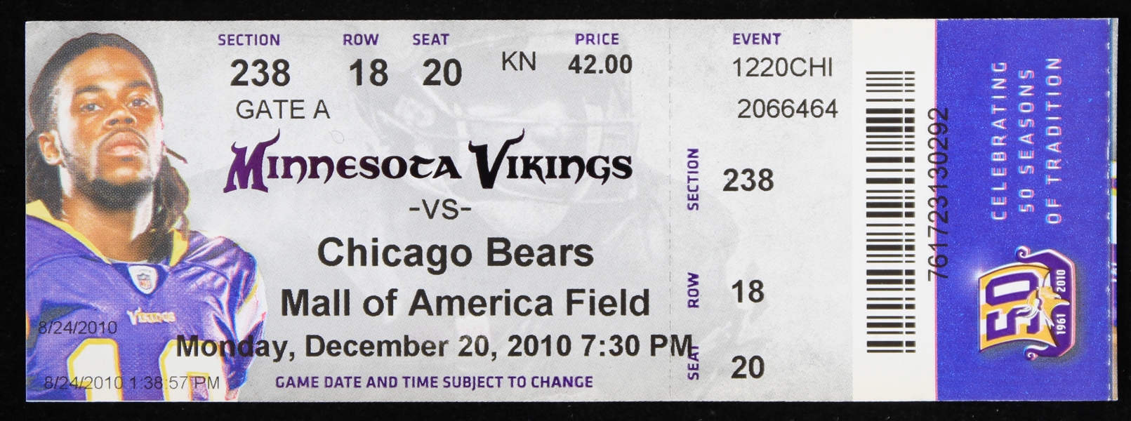 2010 (December 20) Brett Favre Minnesota Vikings Final Game Ticket