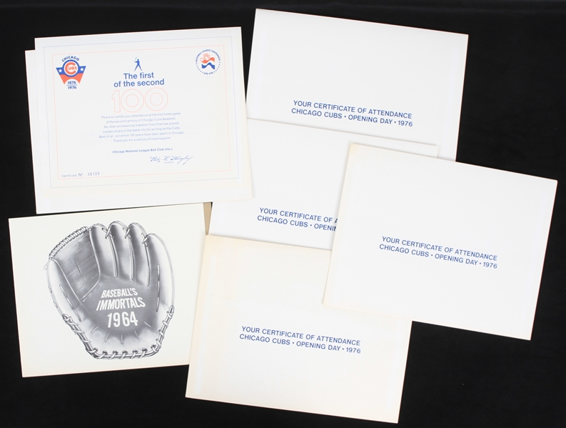1964-76 Baseball Memorabilia Collection - Lot of 7 w/ Baseball Immortals HOF Listing & 1976 Opening Day Certificates