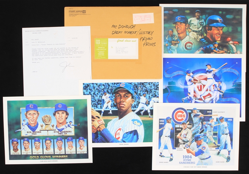 1985 Chiago Cubs 8.5" x 11" Union Oil Art Prints - Lot of 5 w/ Inter Office Correspondence & Envelope