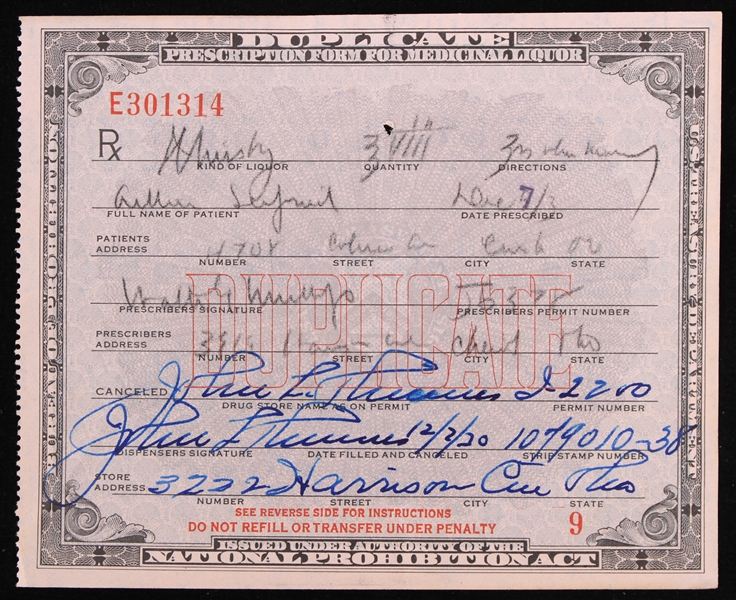 1930 Prohibition Whiskey Treasury Department Bureau of Prohibition Duplicate Prescription Form for Medicinal Liquor 