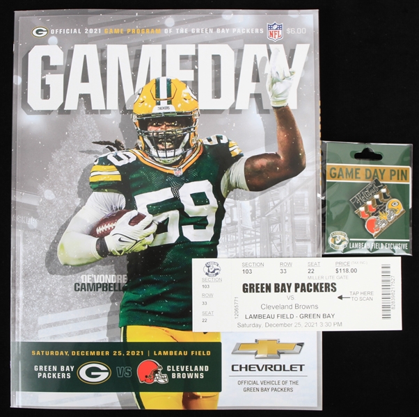 2021 (December 25) Aaron Rodgers Breaks Brett Favres Green Bay Packers TD Record Collection - Lot of 3 w/ Program, Ticket & Lambeau Field Game Day Pin