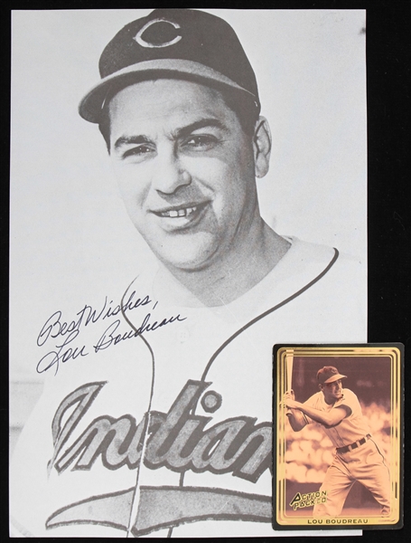 1970s-90s Lou Boudreau Cleveland Indians Action Packed Trading Card & Facsimile Signed 6.75" x 10" Photo - Lot of 2