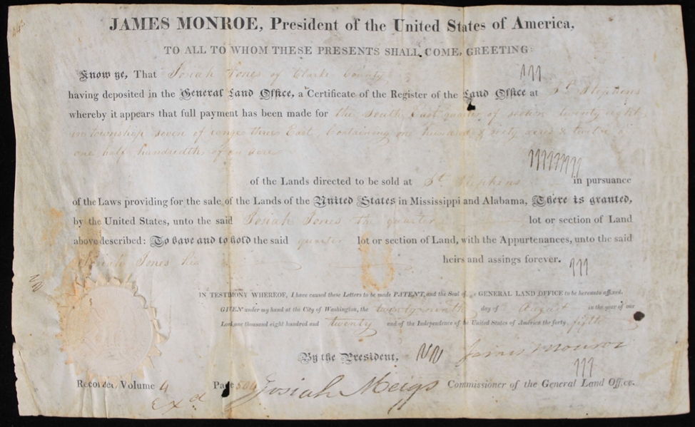 1820 James Monroe 5th President of the United States Signed Land Grant (JSA)