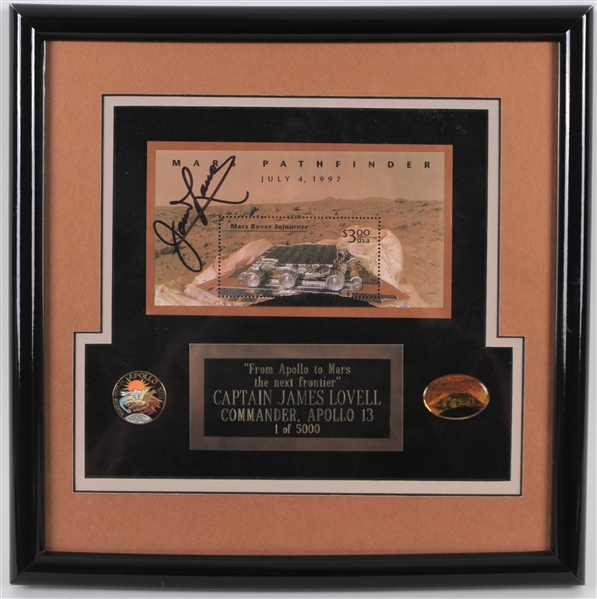1997 James Lovell Apollo 13 Signed 11" x 11" Framed Mars Pathfinder Commemorative Stamp (JSA)
