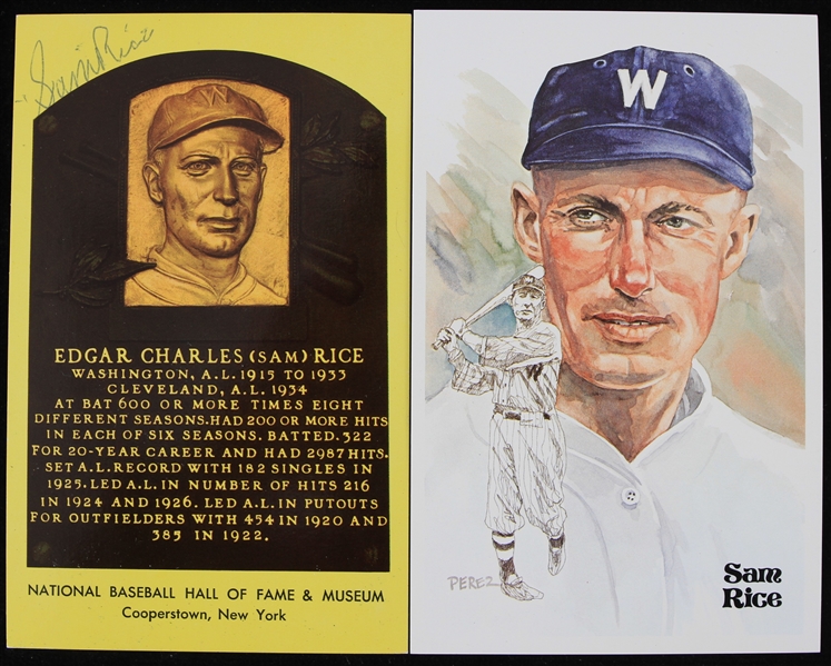 1970s-80s Sam Rice Washington Senators 3.5" x 5.5" Postcards- Lot of 2 w/ Perez Steele & Signed Yellow HOF (JSA) 