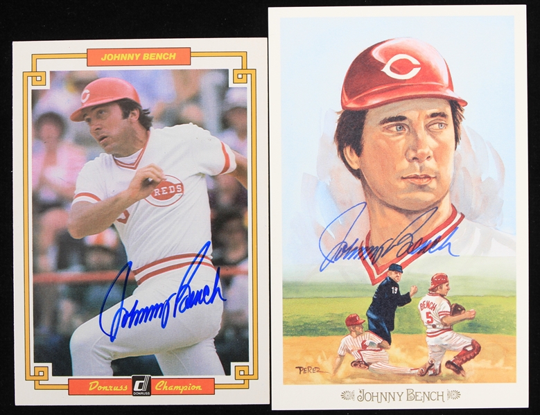 1984-89 Johnny Bench Cincinnati Reds Signed Perez Steele Postcard & Donruss Champion Baseball Trading Card - Lot of 2 (JSA)
