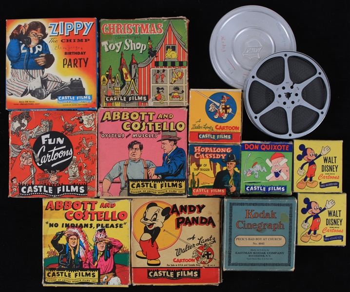 1920s-50s 8MM Film Reel Collection - Lot of 13 w/ Disney, Abbott & Costello, Zippy The Chimp, Hopalong Cassidy & More