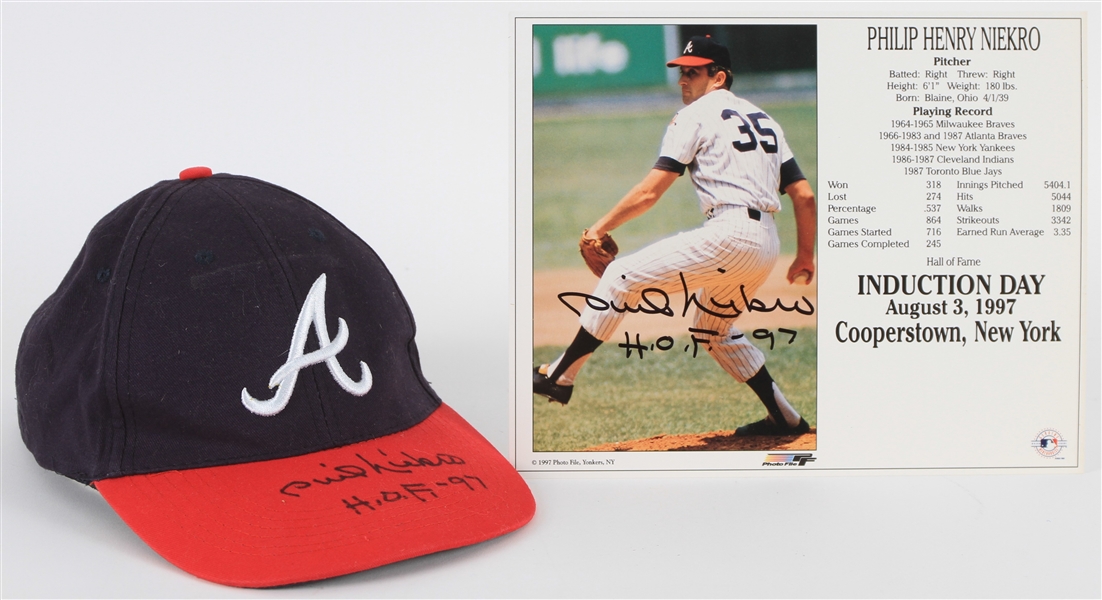 1997 Phil Niekro Atlanta Braves Signed Cap & 8" x 10" Hall of Fame Induction Day Photo - Lot of 2 (JSA)