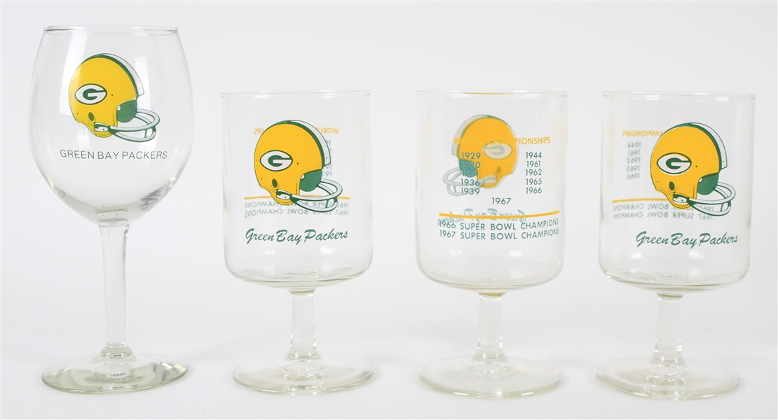 1960s Green Bay Packers Stemmed Cocktail Glasses & Wine Glass (Lot of 4)