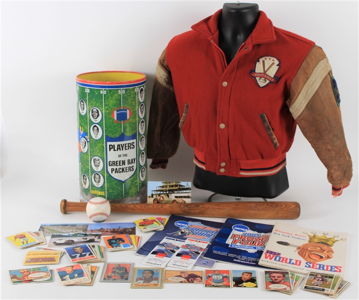 1950s-2000s Sports Memorabilia Collection - Lot of 98 w/ Packers Waste Basket, Louisville Slugger Jackets, 1957 World Series Program, Football Cards & More