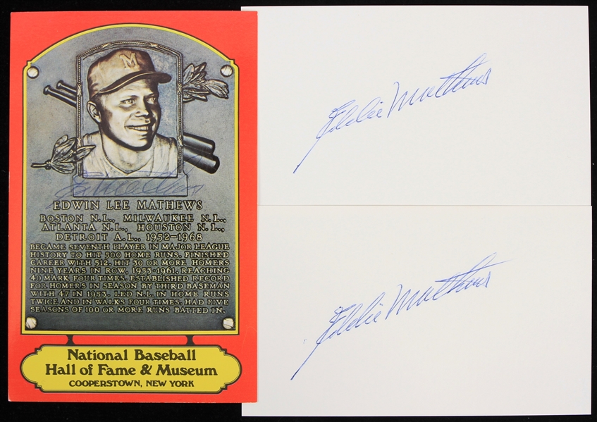 1970s Eddie Mathews Milwaukee Braves Signed Index Cards & Orange HOF Postcard - Lot of 3 (JSA)