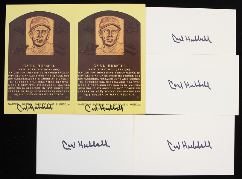 1980s Carl Hubbell New York Giants Memorabilia Collection - Lot of 10 w/ Newspaper Clippings, Signed Yellow HOF Postcards & Index Cards (JSA)