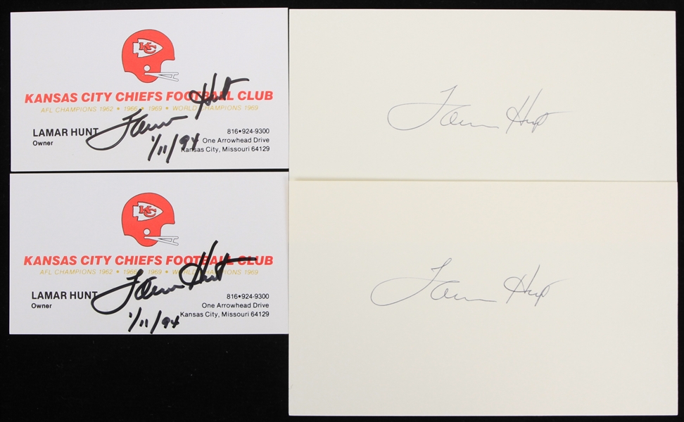 1994 Lamar Hunt Kansas City Chiefs Owner Signed Business Cards & Index Cards - Lot of 4 (JSA)