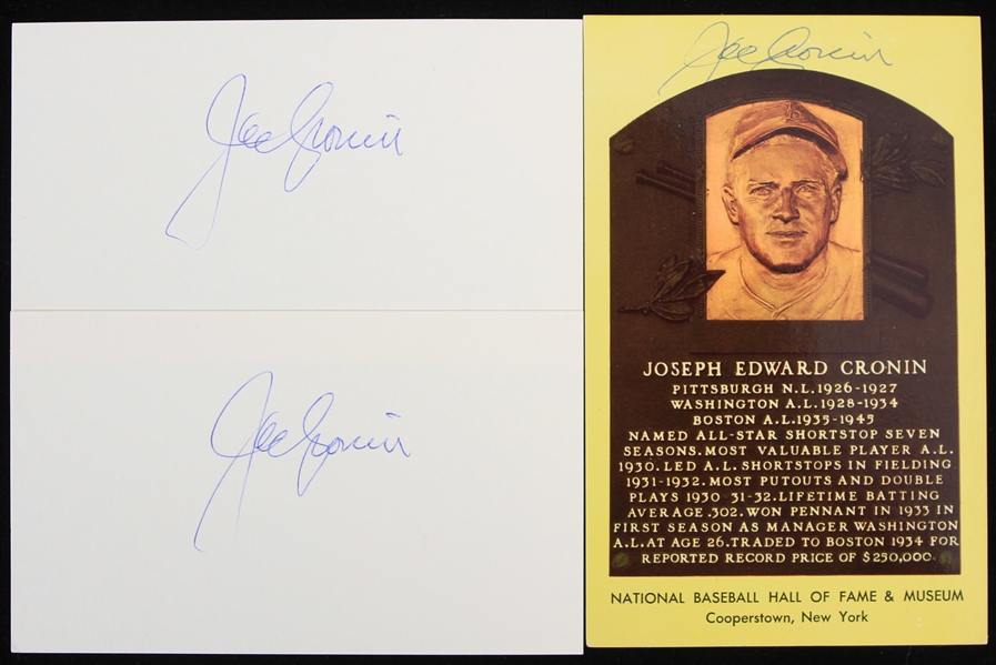 1970s Joe Cronin Boston Red Sox Signed Yellow HOF Postcard & Index Cards - Lot of 3 (JSA)