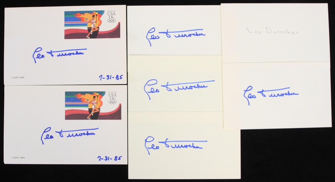 1985-94 Leo Durocher New York Giants Memorabilia Collection - Lot of 10 w/ Newspaper Clippings, Signed Postcards & Index Cards (JSA)