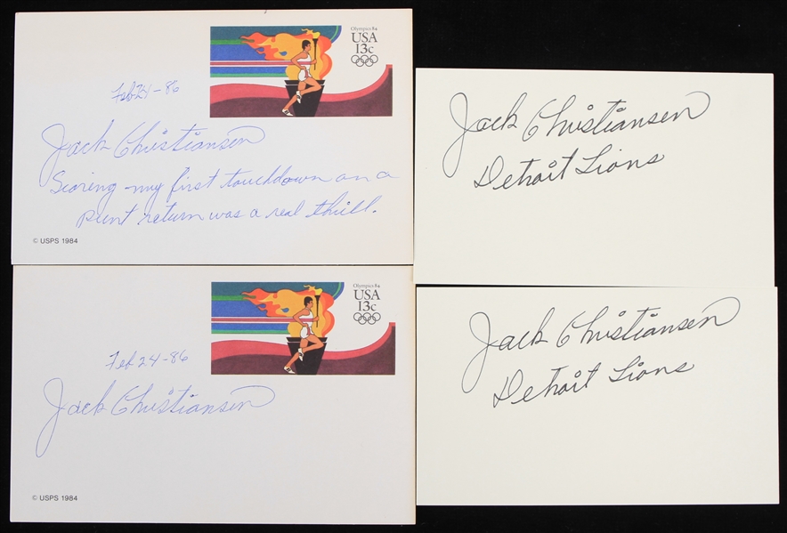 1986 Jack Christiansen Detroit Lions Signed Postcards & Index Cards - Lot of 4 (JSA)