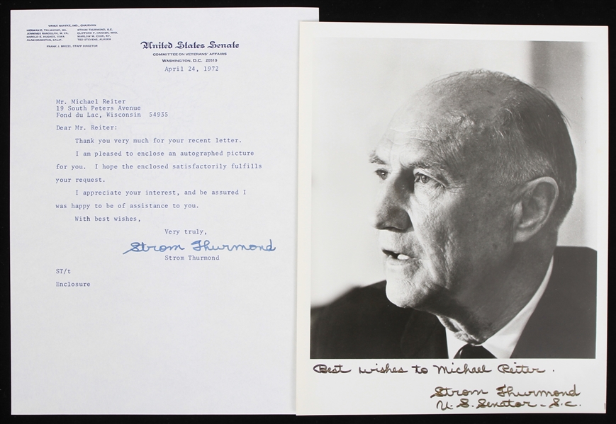 1972 Strom Thurmond US Senator Signed Photo & Letter - Lot of 2 (JSA)