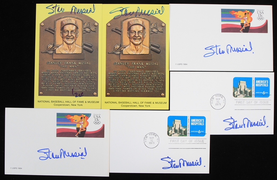 1971-84 Stan Musial St. Louis Cardinals Signed Postcards - Lot of 6 (JSA)