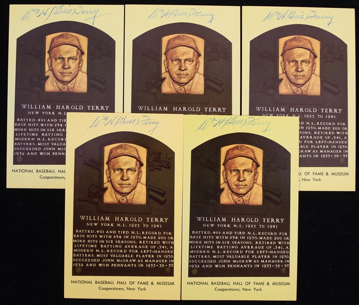 1980s Bill Terrry New York Giants Signed 3.5" x 5.5" Yellow HOF Postcards - Lot of 5 (JSA)